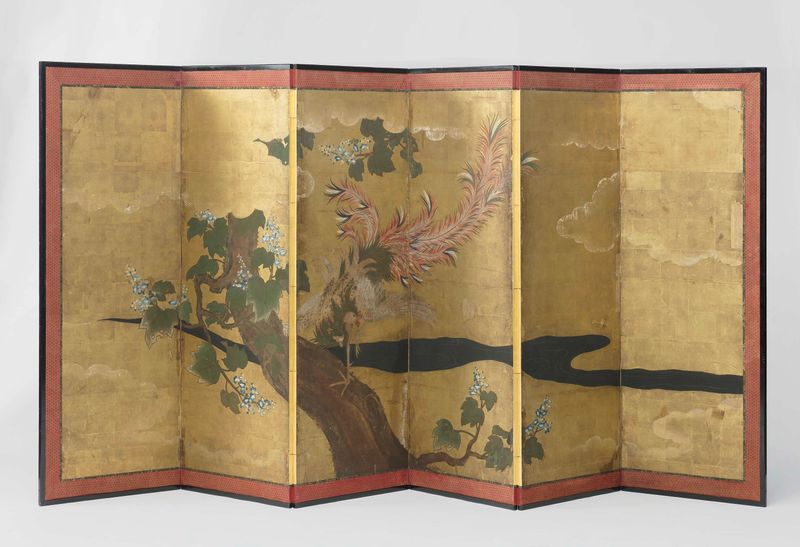 Folding Screens con un hoo bird y un árbol de paulownia, medio oro, artista desconocido