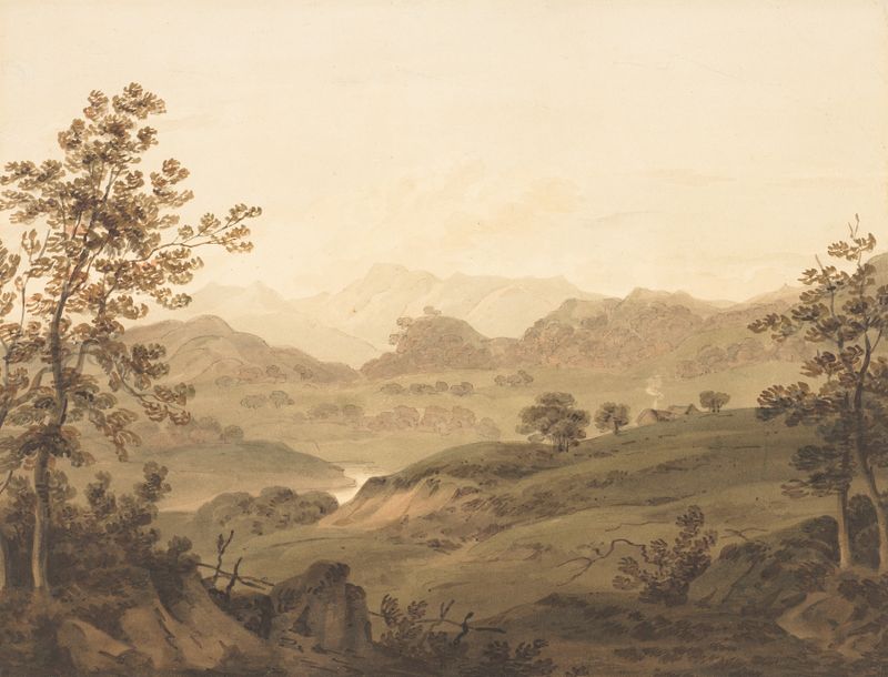 Landscape, North Wales by Hugh William Williams, depicting mountains and valleys in soft hues.