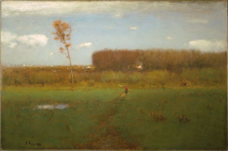 October Noon de George Inness, óleo sobre lienzo que representa un paisaje de otoño con follaje dorado.