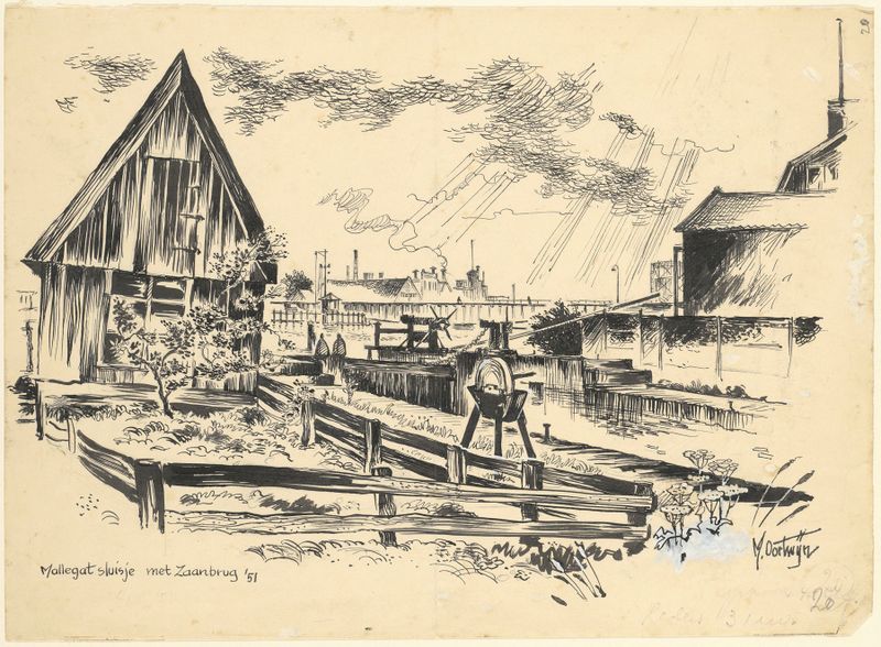 Paisagem de Gezicht op het Mallegatsluisje de Maarten Oortwijn, pintura a óleo com uma ponte e um rio.