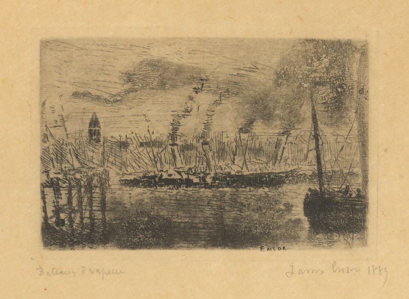 Stoomboten (mailboot Princesse Joséphine) by James Ensor, oil painting of a ghostly ship on waves.