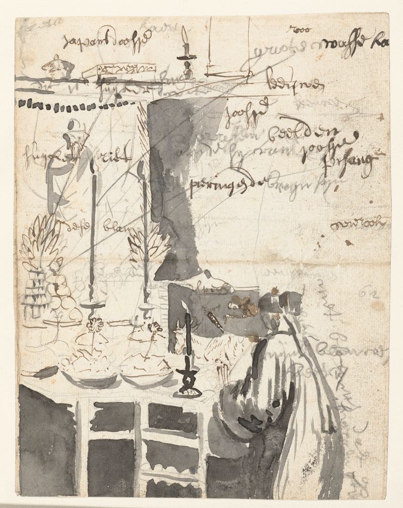 Escena figurativa de un hombre chino haciendo una ofrenda, pintura al óleo de Wouter Schouten