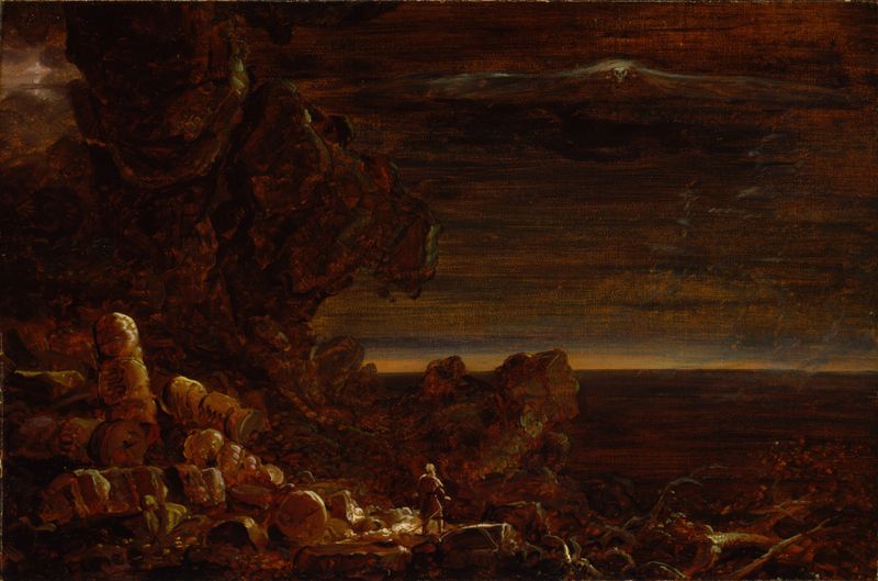 Figura solitaria en un precipicio con vista a un vasto paisaje, óleo sobre lienzo de Thomas Cole