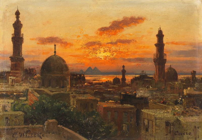 Kairo im Abendlicht by Carl Wuttke, oil on canvas depicting a sunset over a cityscape.