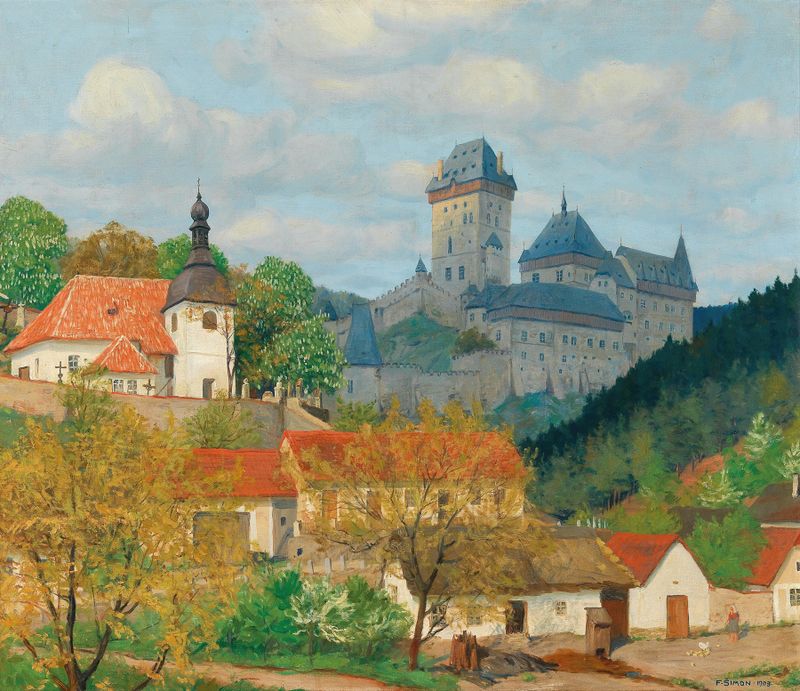 Landscape oil painting of Karlštejn Castle by Tavík František Šimon