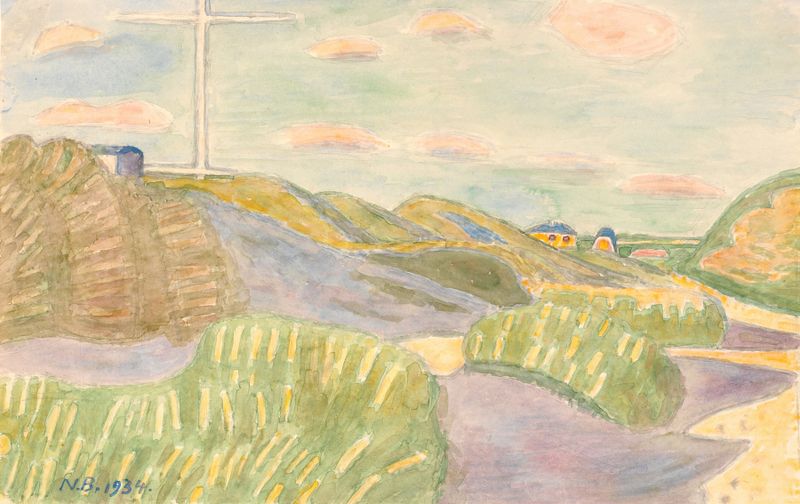 Landscape of coastline and sky by Niels Bjerre, 1934