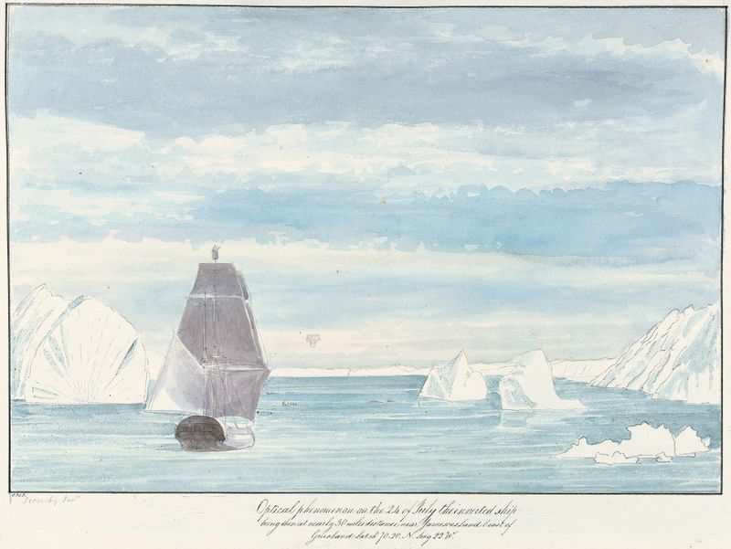 Pintura a óleo de Charles Hamilton Smith mostrando um navio invertido no horizonte perto da costa.