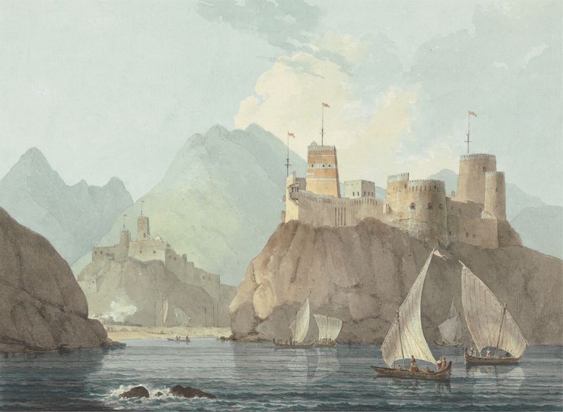 Vista Leste dos Fortes Jellali e Merani, aquatinta de William Daniell