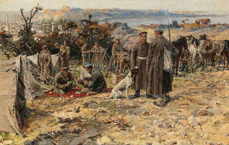 A Scene from the Balkan War, oil on canvas by Jaroslav Věšín, depicting chaotic figures in motion.