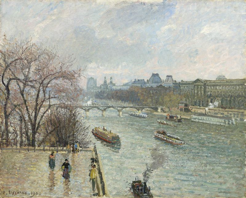 O Louvre, Tempo de Chuva da Tarde de Camille Pissarro, óleo sobre tela, retratando uma cena chuvosa.