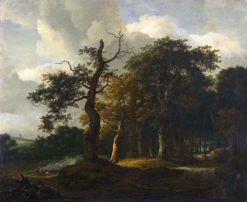 A Road through an Oak Wood by Jacob Salomonsz. van Ruysdael, oil painting of a winding path through oak trees.