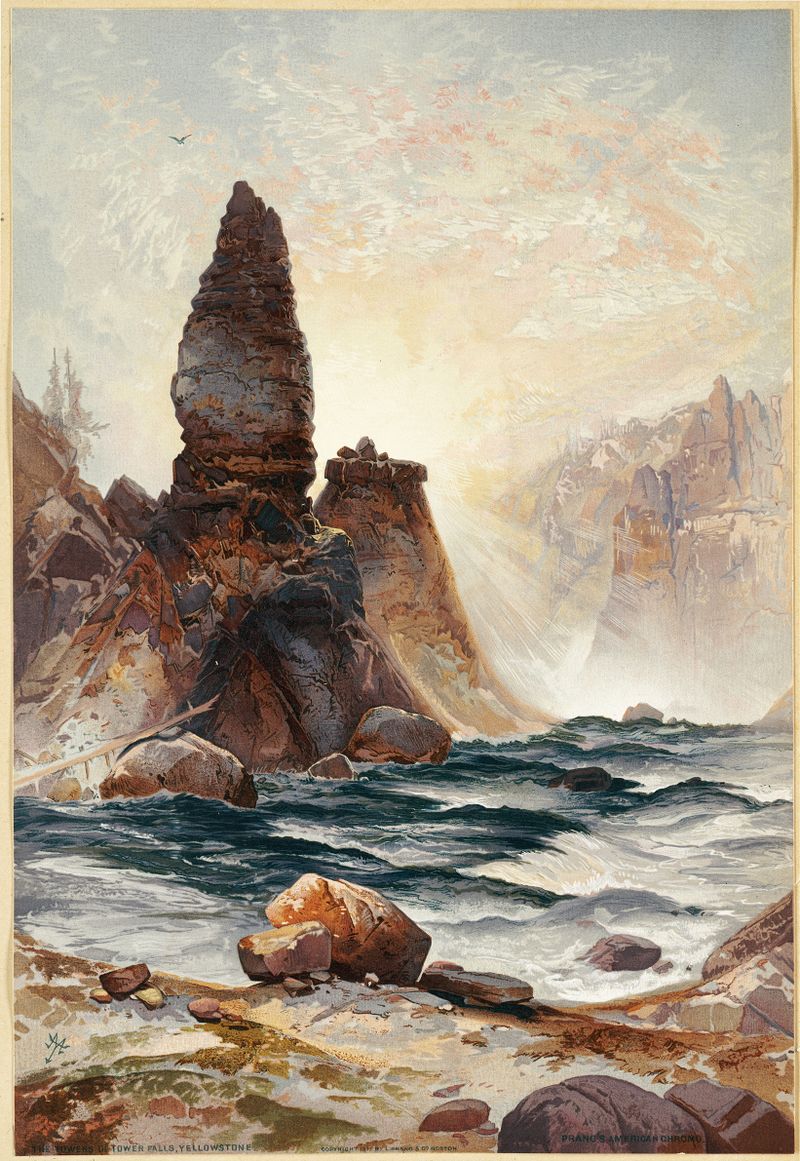 As Torres de Tower Falls, Yellowstone de Thomas Moran, óleo sobre tela representando penhascos e uma cachoeira.