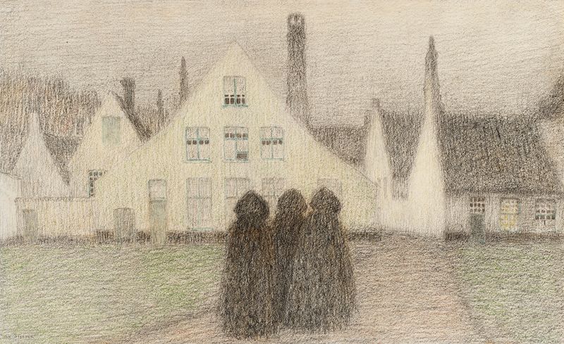 Béguinage avec vieilles femmes de Henri Le Sidaner, óleo sobre lienzo que muestra a viejas bajo los árboles.