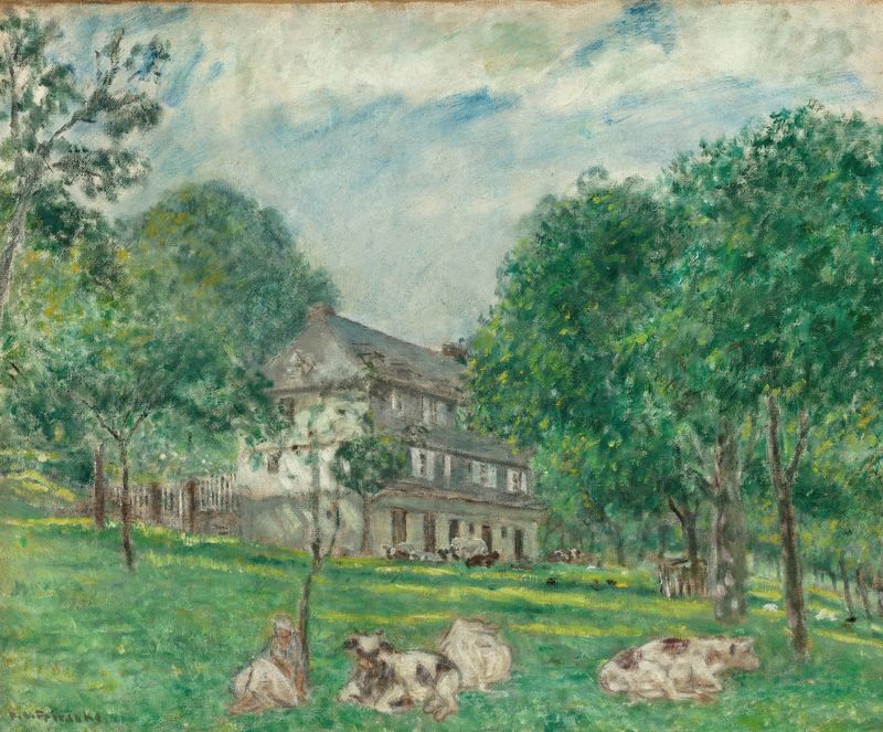 Vacas pastando na grama ao sol, pintura a óleo de Frederick Carl Frieseke