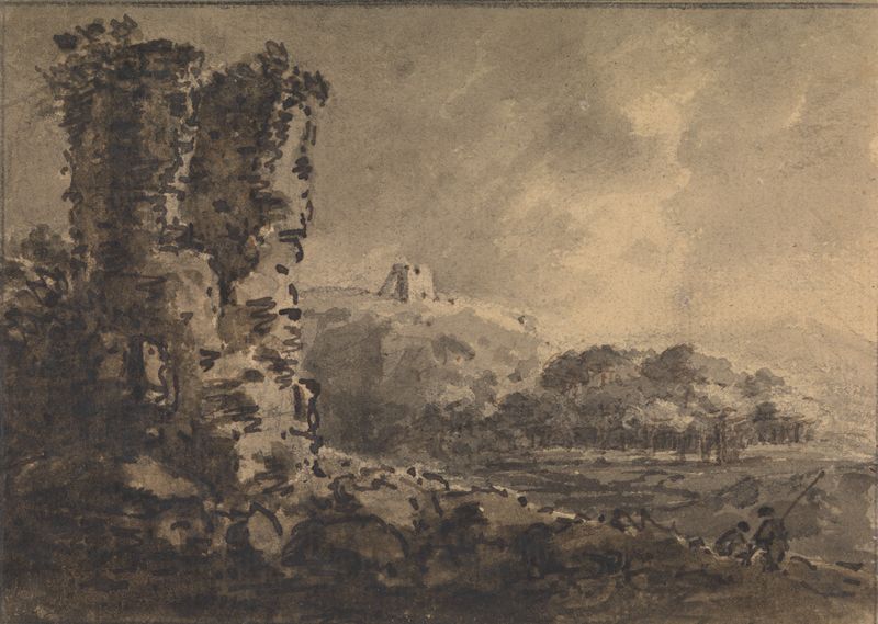 Paisaje clásico con una ruina a la izquierda y dos figuras a la derecha de William Gilpin, óleo