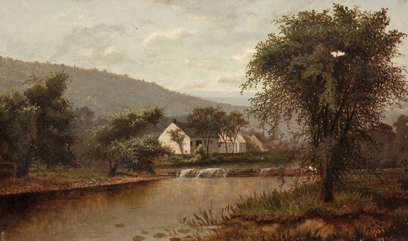 Hillside Landscape de Ralph Albert Blakelock, pintura al óleo que representa un atardecer sobre colinas