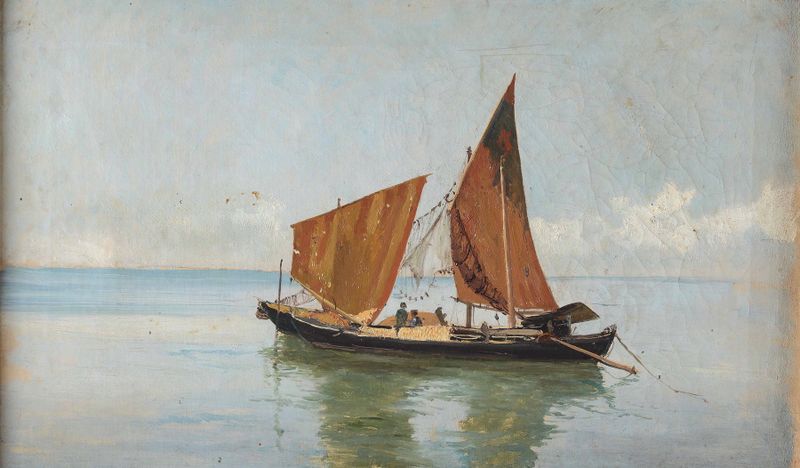 Laguna con imbarcazione by Pietro Barucci, oil on canvas depicting a serene lagoon with a boat and reflections.