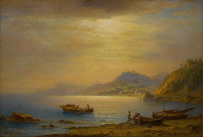 Paisagem da baía de Johann Ludwig Ernst Morgenstern, óleo sobre tela retratando colinas e uma baía tranquila.