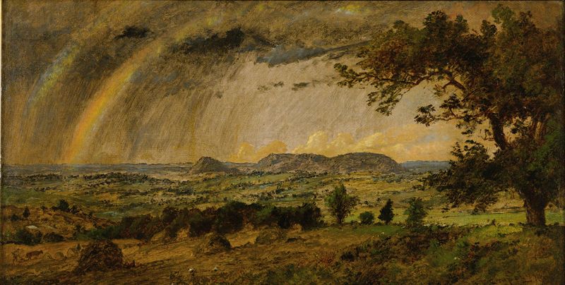 A Passing Shower Over Mts. Adam And Eve de Jasper Francis Cropsey, pintura al óleo que representa montañas y nubes torment...