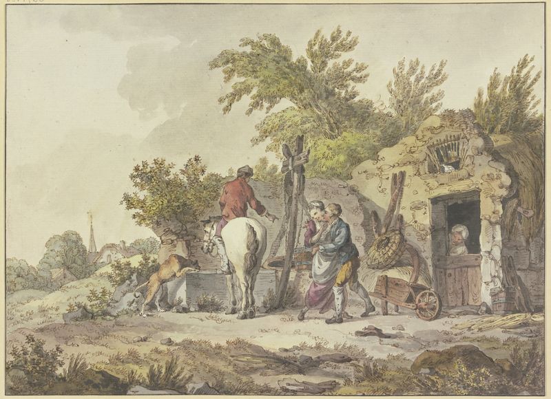 Rider with dog at a watering place, oil painting by John Webber