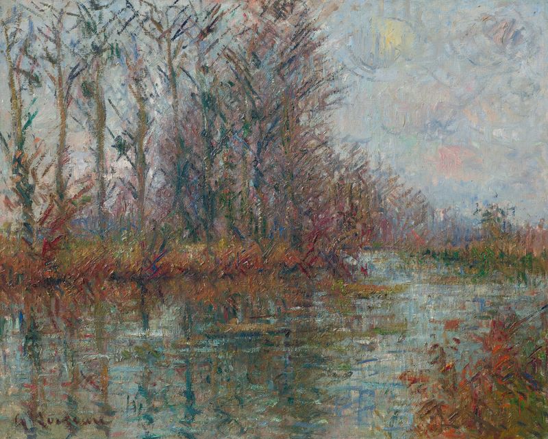 Tournant de rivière, L’Eure by Gustave Loiseau, oil painting depicting a twisting river with vibrant greens.