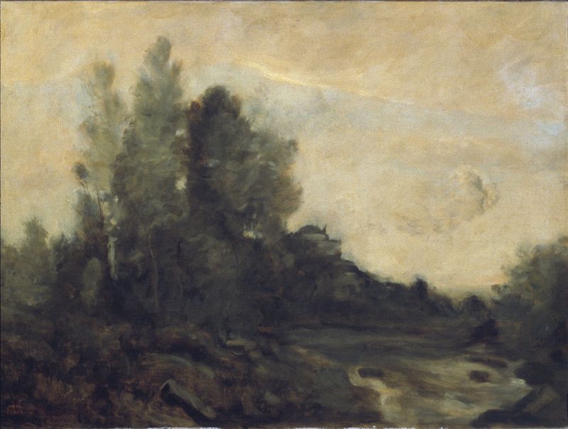 Paisaje con colinas onduladas y luz moteada, óleo sobre lienzo de Jean-Baptiste-Camille Corot