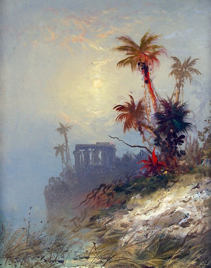Paisagem egípcia de Charles Morgan McIlhenney, pintura a óleo que mostra um oásis e céu azul.