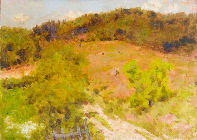 Paisagem com Caminho, óleo sobre tela de Denman Waldo Ross, apresentando um caminho sinuoso e vegetação exuberante.