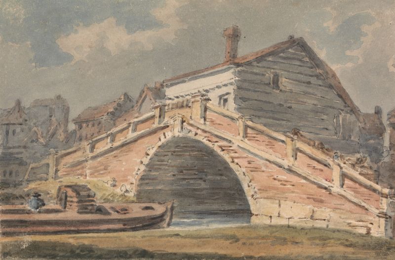 Lewes Bridge, Sussex by Alexander Monro, oil painting depicting a landscape with a bridge over water.
