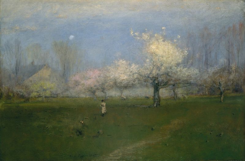 Spring Blossoms, pintura a óleo de George Inness, com flores rosa e brancas.