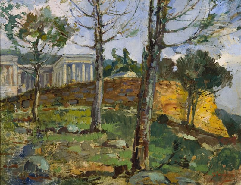 Rhodes Memorial de Pieter Wenning, óleo sobre lienzo que representa figuras solemnes y un paisaje.