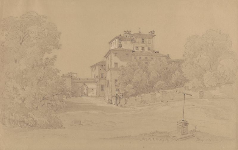Palazzo Chigi en Ariccia de Arthur Blaschnik, óleo sobre lienzo, mostrando la fachada del palacio iluminada por la luz del...