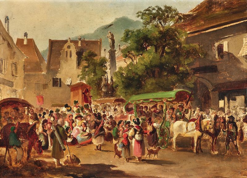 Genre scene of travelers resting in a landscape, oil painting by Carl Schweninger