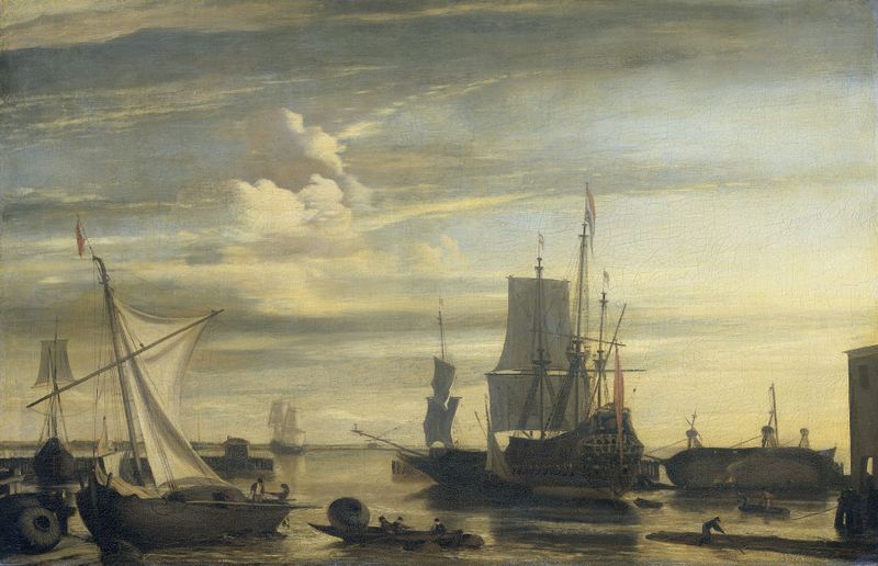 Harbor at Sunset by Jan Claesz. Rietschoof, oil on canvas depicting a tranquil sunset over the sea.