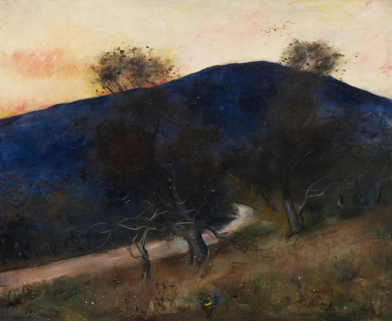 Paisaje óleo de Lesser Ury con una montaña azul y luz moteada.