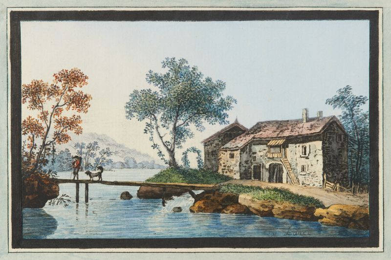Rococo oil painting by Carl Ludwig Hackert depicting shimmering water and sunset reflections.