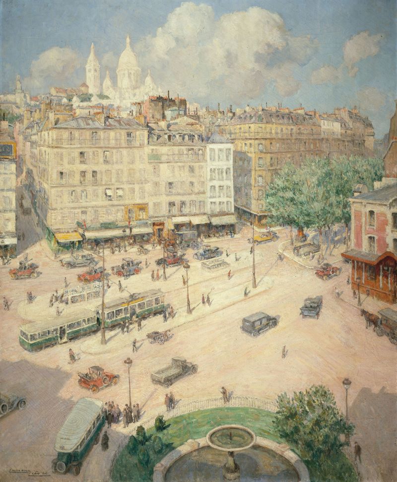 La place Pigalle de Lucien Lièvre, que muestra una plaza vacía con sillas de café, modernismo
