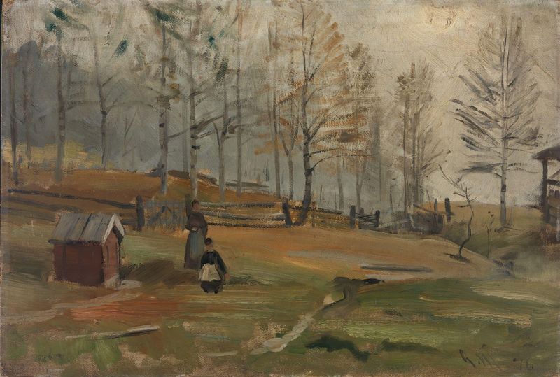 Otoño de Gerhard Munthe, óleo sobre lienzo que representa un paisaje tranquilo con hojas cayendo.