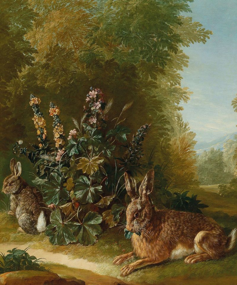 Dois lebres em uma paisagem, óleo sobre tela de Jean Jacques Spoede