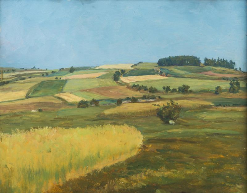 Landscape of mountains and fields at dusk by František Kaván, Impressionism