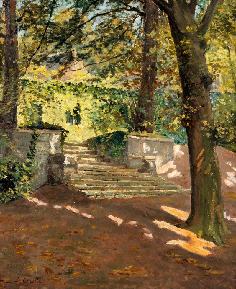 Les Anciennes Eaux De Passy by Georges-Émile Carette, depicting tranquil waters and trees, oil painting