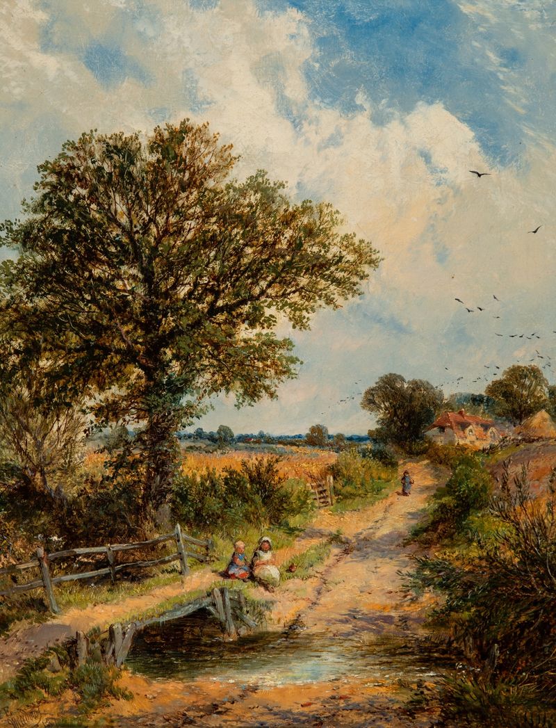 A Sussex Lane de James Edwin Meadows, paisaje victoriano que representa un camino iluminado por el sol entre colinas verdes.