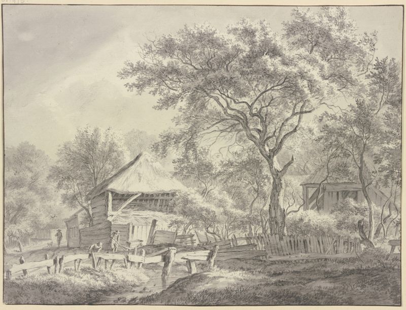 Gehöft unter Bäumen bei Haarlem by Franciscus Andreas Milatz, oil on canvas, depicting a tranquil landscape with trees.