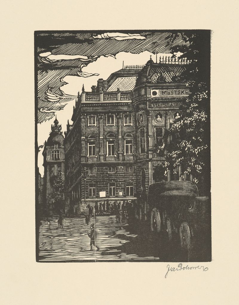 Mestské divadlo by Jaroslav Dobrovolský, modernism artwork depicting urban architecture with abstract forms