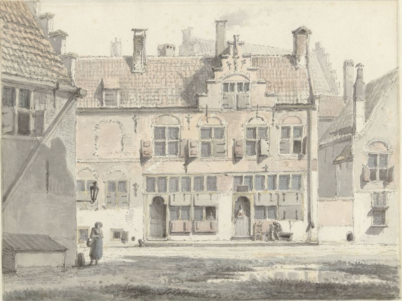 Houses in a village illuminated by golden light, oil painting by Johannes Jelgerhuis