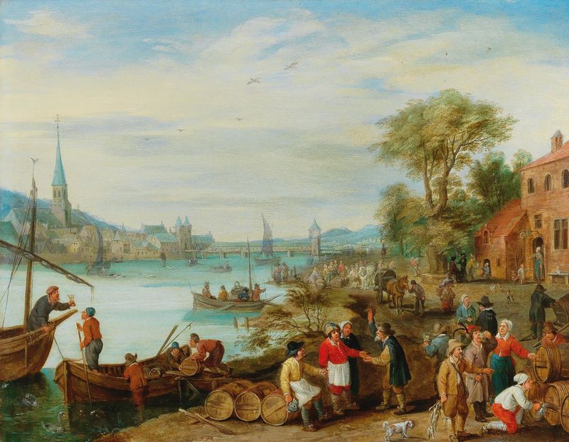 Un paisaje fluvial con una escena de puerto, óleo sobre lienzo de Peeter Gysels