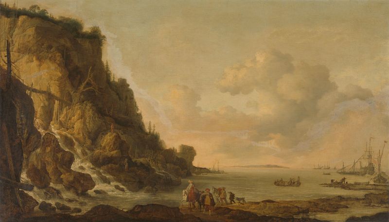 Rocky Coast de Simon de Vlieger, pintura a óleo que retrata penhascos e água tranquila