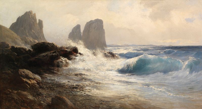 Cena marinha com penhascos e mar de Edward Theodore Compton, pintura a óleo