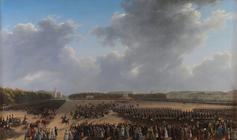 Cena histórica de uma multidão celebrando com faixas, pintura a óleo de Grigory Chernetsov