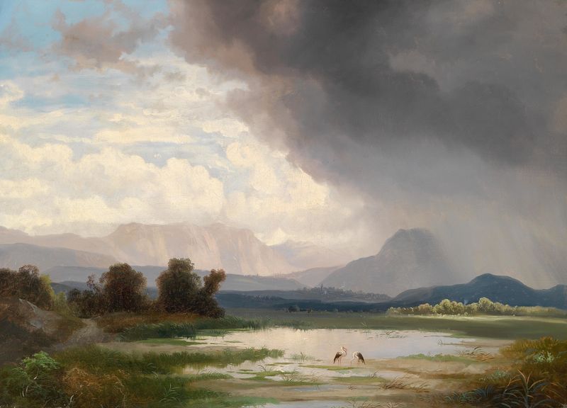 Karawankenlandschaft de Ignaz Raffalt, óleo sobre lienzo que representa un paisaje sereno con colinas suaves y un cielo azul.